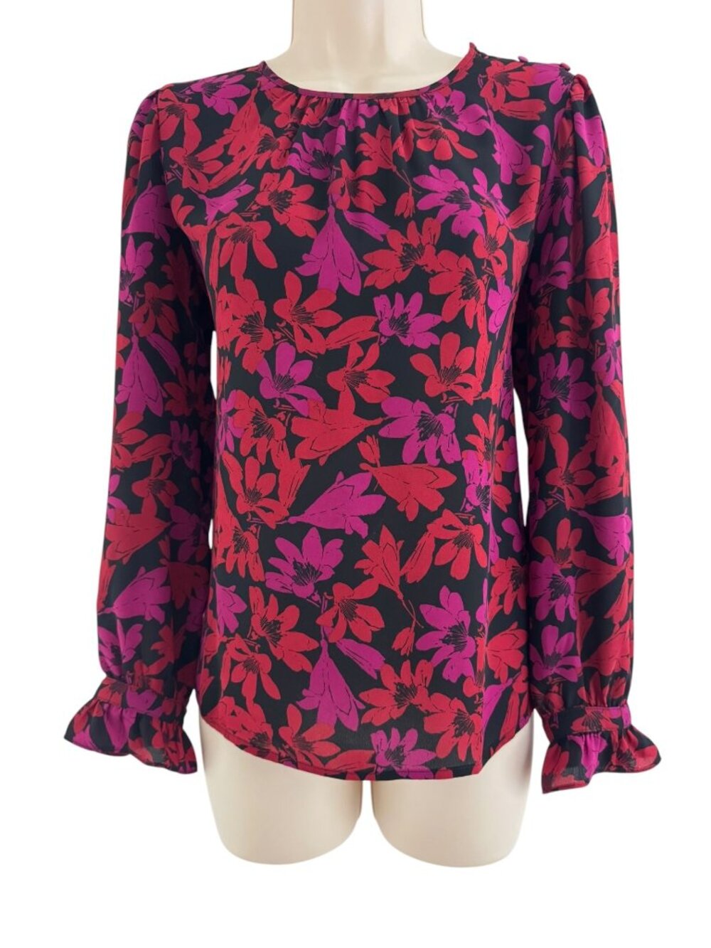 J.Crew Pink Red Black Floral Print Long Sleeve Chiffon Blouse Top Shirt Size S